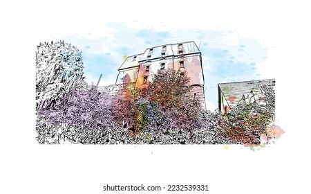 Building view with landmark of Pforzheim is a town in southwestern Germany. Watercolor splash with hand drawn sketch illustration in vector.