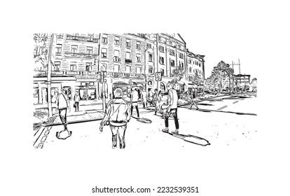 Building view with landmark of Pforzheim is a town in southwestern Germany. Hand drawn sketch illustration in vector.
