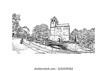 Building view with landmark of Pforzheim is a town in southwestern Germany. Hand drawn sketch illustration in vector.