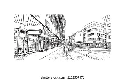 Building view with landmark of Pforzheim is a town in southwestern Germany. Hand drawn sketch illustration in vector.