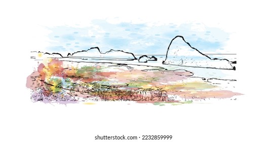 Building view with landmark of Phang Nga is a province in southern Thailand. Watercolor splash with hand drawn sketch illustration in vector.