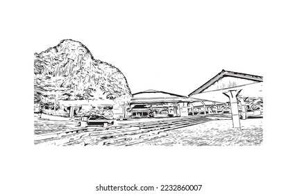 Building view with landmark of Phang Nga is a province in southern Thailand. Hand drawn sketch illustration in vector.