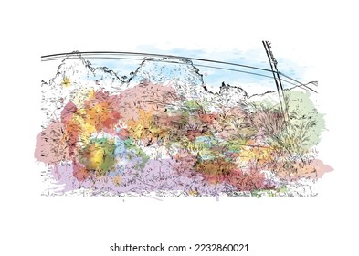 Building view with landmark of Phang Nga is a province in southern Thailand. Watercolor splash with hand drawn sketch illustration in vector.