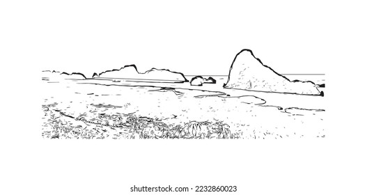 Building view with landmark of Phang Nga is a province in southern Thailand. Hand drawn sketch illustration in vector.
