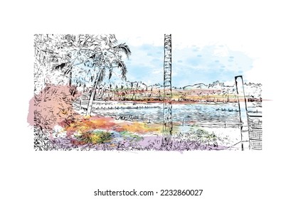 Building view with landmark of Phang Nga is a province in southern Thailand. Watercolor splash with hand drawn sketch illustration in vector.