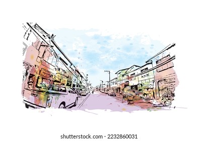 Building view with landmark of Phang Nga is a province in southern Thailand. Watercolor splash with hand drawn sketch illustration in vector.