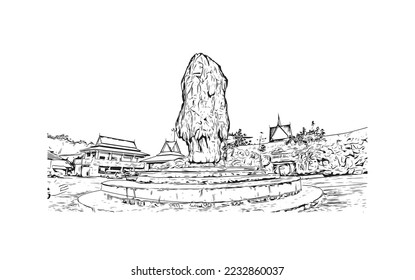 Building view with landmark of Phang Nga is a province in southern Thailand. Hand drawn sketch illustration in vector.