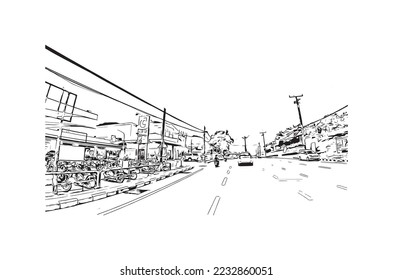 Building view with landmark of Phang Nga is a province in southern Thailand. Hand drawn sketch illustration in vector.