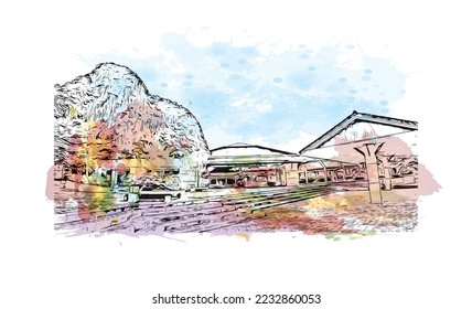 Building view with landmark of Phang Nga is a province in southern Thailand. Watercolor splash with hand drawn sketch illustration in vector.