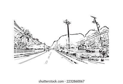 Building view with landmark of Phang Nga is a province in southern Thailand. Hand drawn sketch illustration in vector.