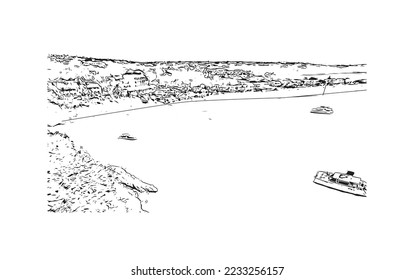 Building view with landmark of Philipsburg is the 
capital of Sint Maarten. Hand drawn sketch illustration in vector.
