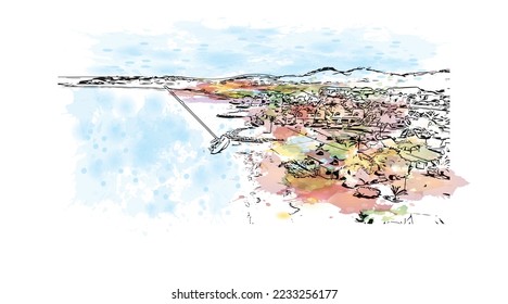 Building view with landmark of Philipsburg is the 
capital of Sint Maarten. Watercolor splash with hand drawn sketch illustration in vector.
