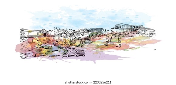 Building view with landmark of Philipsburg is the 
capital of Sint Maarten. Watercolor splash with hand drawn sketch illustration in vector.
