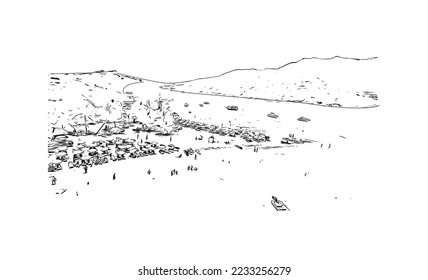 Building view with landmark of Philipsburg is the 
capital of Sint Maarten. Hand drawn sketch illustration in vector.