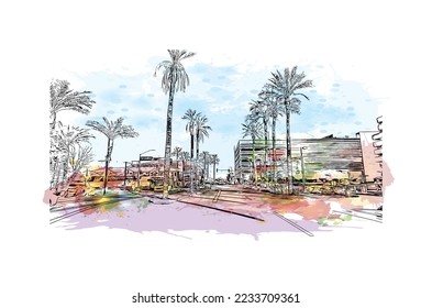 Building view with landmark of Phoenix is the  city in Arizona. Watercolor splash with hand drawn sketch illustration in vector.