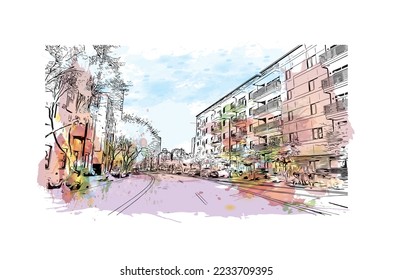 Building view with landmark of Phoenix is the  city in Arizona. Watercolor splash with hand drawn sketch illustration in vector.
