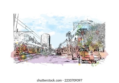 Construir vistas con monumentos de Phoenix es la ciudad de Arizona. Salto de color de agua con ilustración de esbozo dibujada a mano en vector.