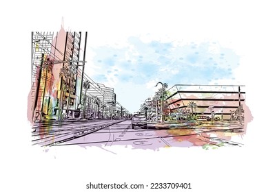 Building view with landmark of Phoenix is the  city in Arizona. Watercolor splash with hand drawn sketch illustration in vector.