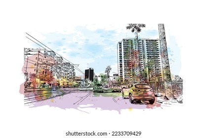 Construir vistas con monumentos de Phoenix es la ciudad de Arizona. Salto de color de agua con ilustración de esbozo dibujada a mano en vector.