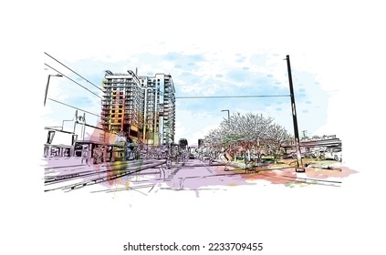 Building view with landmark of Phoenix is the  city in Arizona. Watercolor splash with hand drawn sketch illustration in vector.
