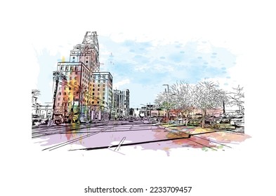 Building view with landmark of Phoenix is the  city in Arizona. Watercolor splash with hand drawn sketch illustration in vector.