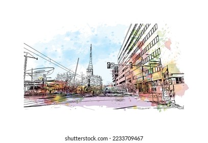 Building view with landmark of Phoenix is the  city in Arizona. Watercolor splash with hand drawn sketch illustration in vector.