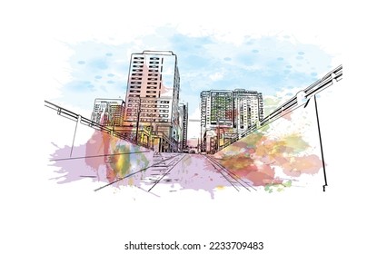 Building view with landmark of Phoenix is the  city in Arizona. Watercolor splash with hand drawn sketch illustration in vector.