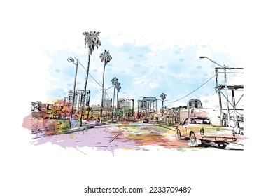 Building view with landmark of Phoenix is the  city in Arizona. Watercolor splash with hand drawn sketch illustration in vector.