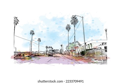 Building view with landmark of Phoenix is the  city in Arizona. Watercolor splash with hand drawn sketch illustration in vector.