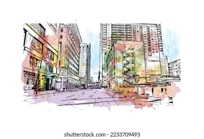 Building view with landmark of Phoenix is the  city in Arizona. Watercolor splash with hand drawn sketch illustration in vector.