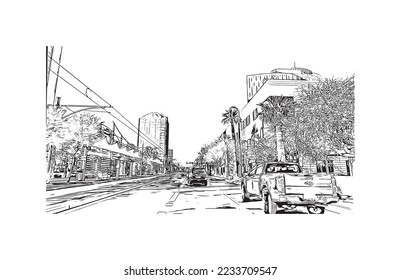 Construir vistas con monumentos de Phoenix es la ciudad de Arizona. Dibujo a mano de ilustración de esbozo en vector.