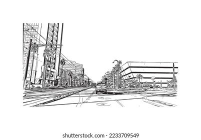Building view with landmark of Phoenix is the  city in Arizona. Hand drawn sketch illustration in vector.