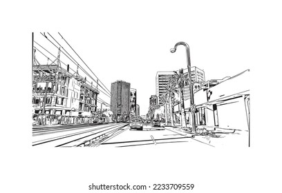 Building view with landmark of Phoenix is the  city in Arizona. Hand drawn sketch illustration in vector.
