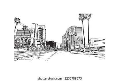 Building view with landmark of Phoenix is the  city in Arizona. Hand drawn sketch illustration in vector.