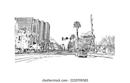 Building view with landmark of Phoenix is the  city in Arizona. Hand drawn sketch illustration in vector.