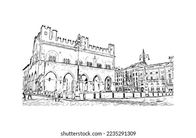 Las vistas al edificio con un punto de referencia de Piacenza son una ciudad de Italia. Dibujo a mano de ilustración de esbozo en vector.