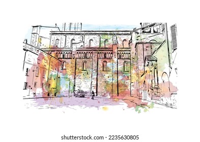 Building view with landmark of Piacenza is a city in Italy. Watercolor splash with hand drawn sketch illustration in vector.