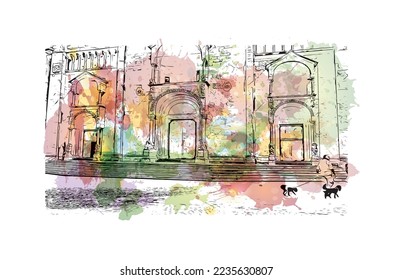 Building view with landmark of Piacenza is a city in Italy. Watercolor splash with hand drawn sketch illustration in vector.