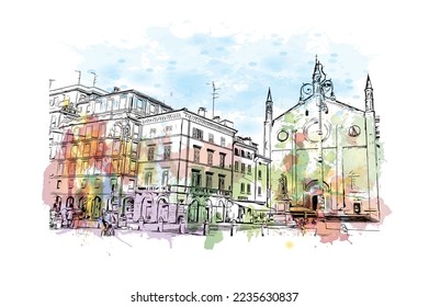 Building view with landmark of Piacenza is a city in Italy. Watercolor splash with hand drawn sketch illustration in vector.