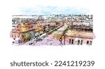 Building view with landmark of Pierre is the capital city of South Dakota. Watercolor splash with hand drawn sketch illustration in vector.