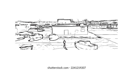 Building view with landmark of Pierre is the capital city of South Dakota. Hand drawn sketch illustration in vector.
