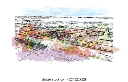 Building view with landmark of Pierre is the capital city of South Dakota. Watercolor splash with hand drawn sketch illustration in vector.