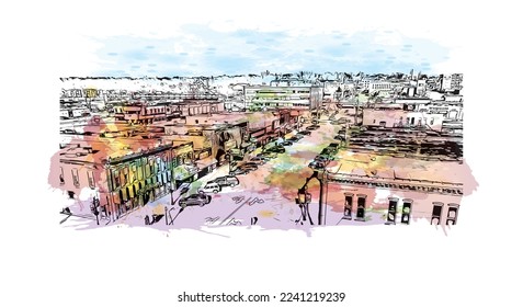 Building view with landmark of Pierre is the capital city of South Dakota. Watercolor splash with hand drawn sketch illustration in vector.