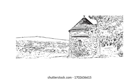 Building view with landmark of Pilsen is a city in the western Czech Republic. Hand drawn sketch illustration in vector.