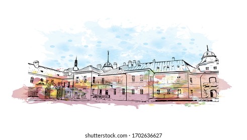 Building view with landmark of Pilsen is a city in the western Czech Republic. Watercolor splash with Hand drawn sketch illustration in vector.