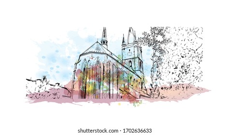 Building view with landmark of Pilsen is a city in the western Czech Republic. Watercolor splash with Hand drawn sketch illustration in vector.