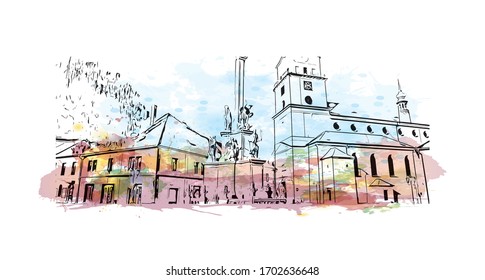 Building view with landmark of Pilsen is a city in the western Czech Republic. Watercolor splash with Hand drawn sketch illustration in vector.
