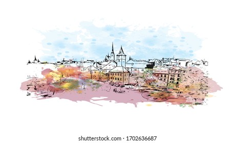 Building view with landmark of Pilsen is a city in the western Czech Republic. Watercolor splash with Hand drawn sketch illustration in vector.