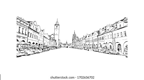 Building view with landmark of Pilsen is a city in the western Czech Republic. Hand drawn sketch illustration in vector.