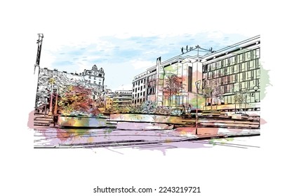 Building view with landmark of Pilzen is a city in the western Czech Republic. Watercolor splash with hand drawn sketch illustration in vector.